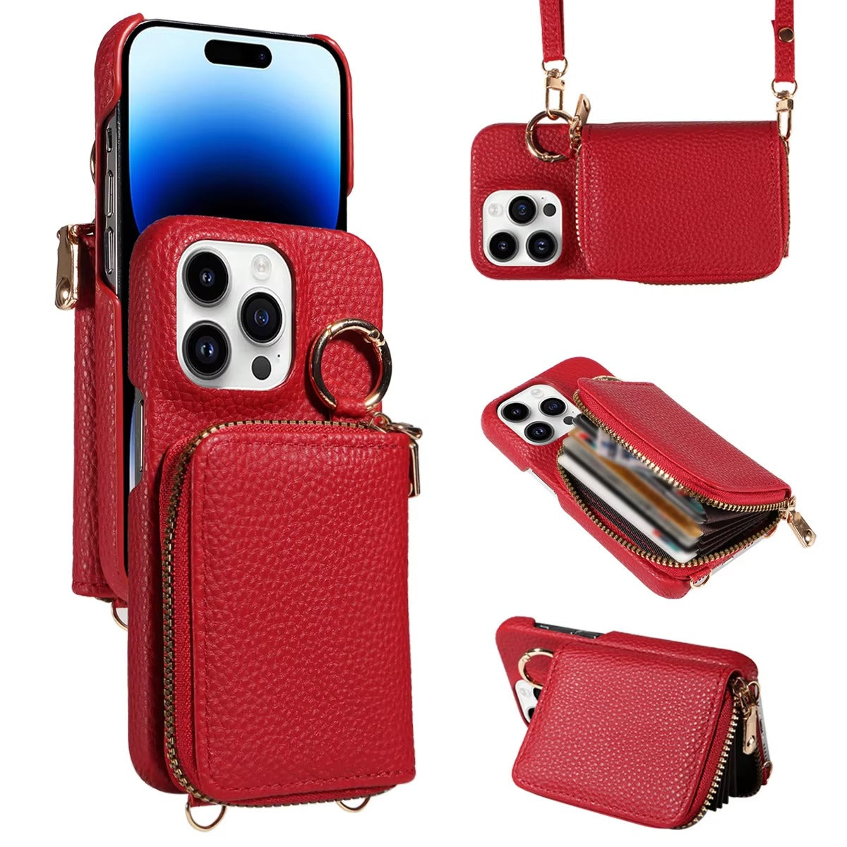 Luxury iPhone Case — High-Quality Faux Leather Crossbody Wallet with Card Slots, Ring Holder, Shockproof Anti-Scratch Full-Protection Design