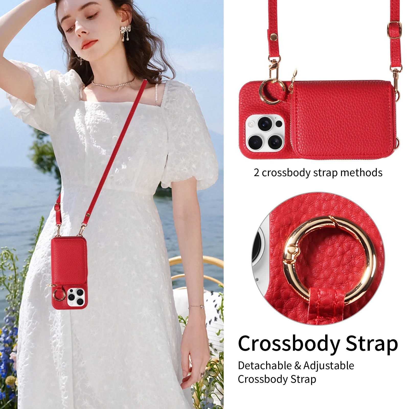 Luxury iPhone Case — High-Quality Faux Leather Crossbody Wallet with Card Slots, Ring Holder, Shockproof Anti-Scratch Full-Protection Design