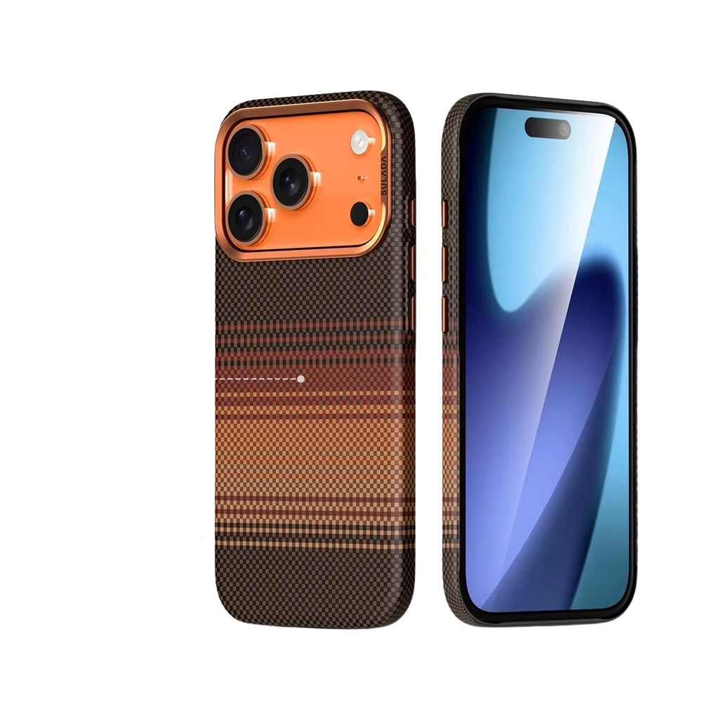 Luxury iPhone Case — Kevlar Carbon-Fiber Texture MagSafe Cover with Tough Shockproof PC Protection and Wireless-Charging Safe Design