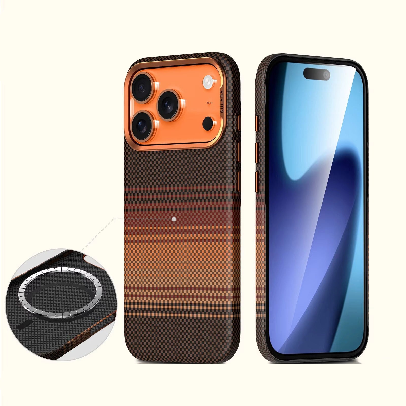 Luxury iPhone Case — Kevlar Carbon-Fiber Texture MagSafe Cover with Tough Shockproof PC Protection and Wireless-Charging Safe Design