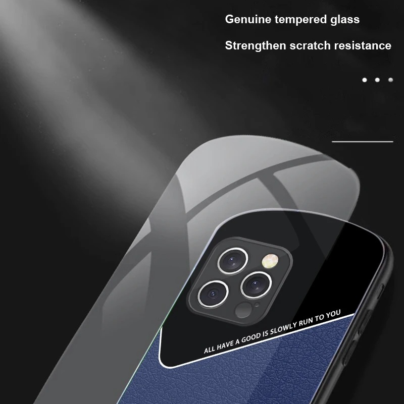 Luxury iPhone Case — Leather Grid Element Tempered-Glass Cover with PC+TPU Build, Full Screen & Lens Protection, Waterproof Anti-Fingerprint Design & Ultra-Thin Style