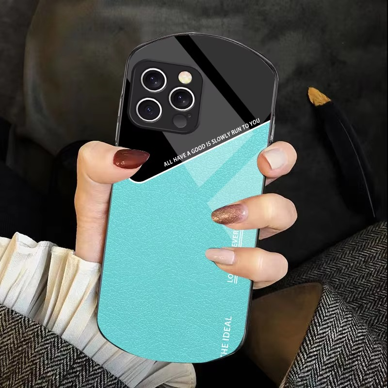 Luxury iPhone Case — Leather Grid Element Tempered-Glass Cover with PC+TPU Build, Full Screen & Lens Protection, Waterproof Anti-Fingerprint Design & Ultra-Thin Style