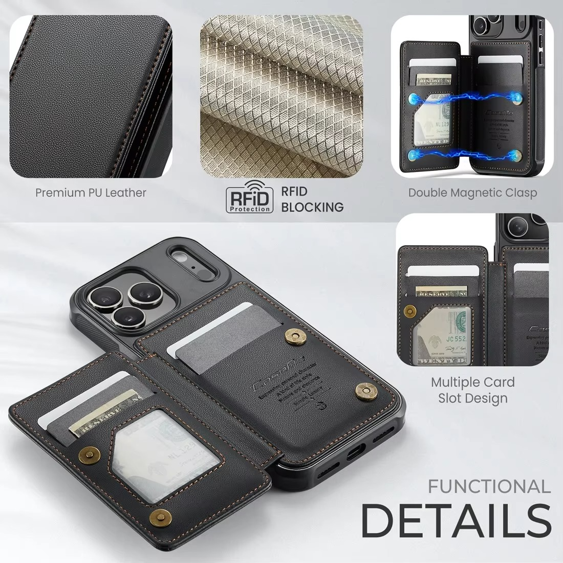 Luxury iPhone Case — Leather RFID Card Wallet with Magnetic Shockproof Cover, Anti-Fingerprint Anti-Scratch, Non-Slip Plain and Geometric Design