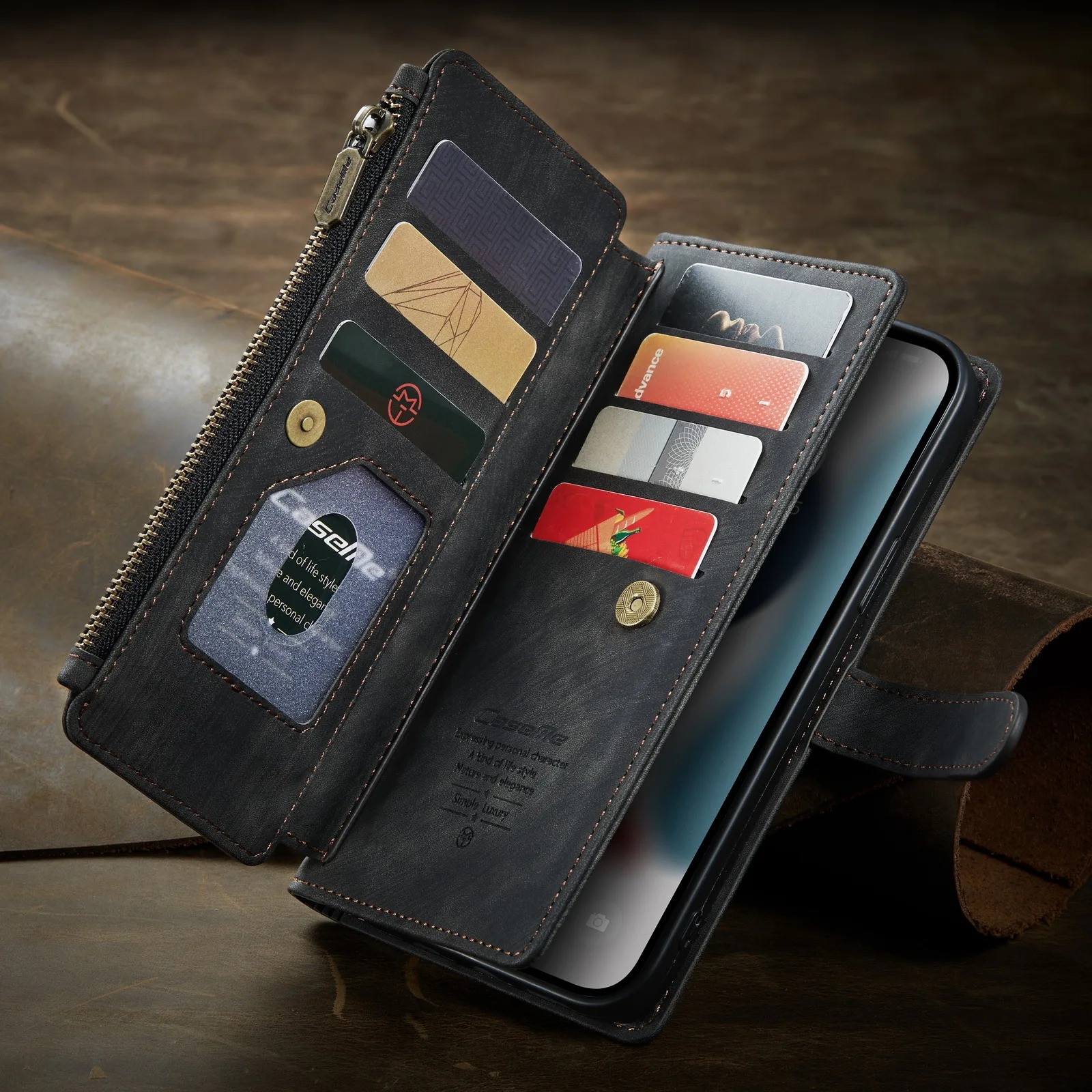 Luxury iPhone Case — Leather Wallet Cover with Magnetic Kickstand, Dual-Layer Shockproof Half-Wrapped Case