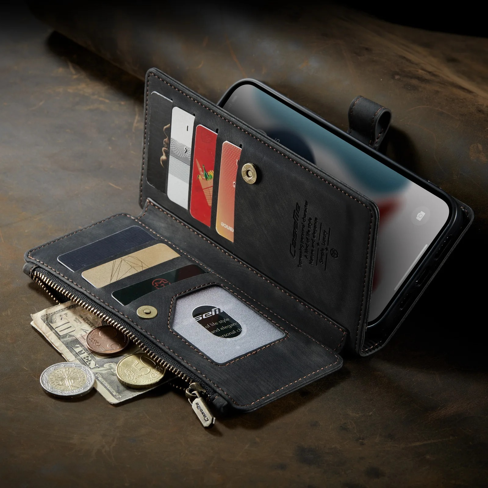 Luxury iPhone Case — Leather Wallet Cover with Magnetic Kickstand, Dual-Layer Shockproof Half-Wrapped Case