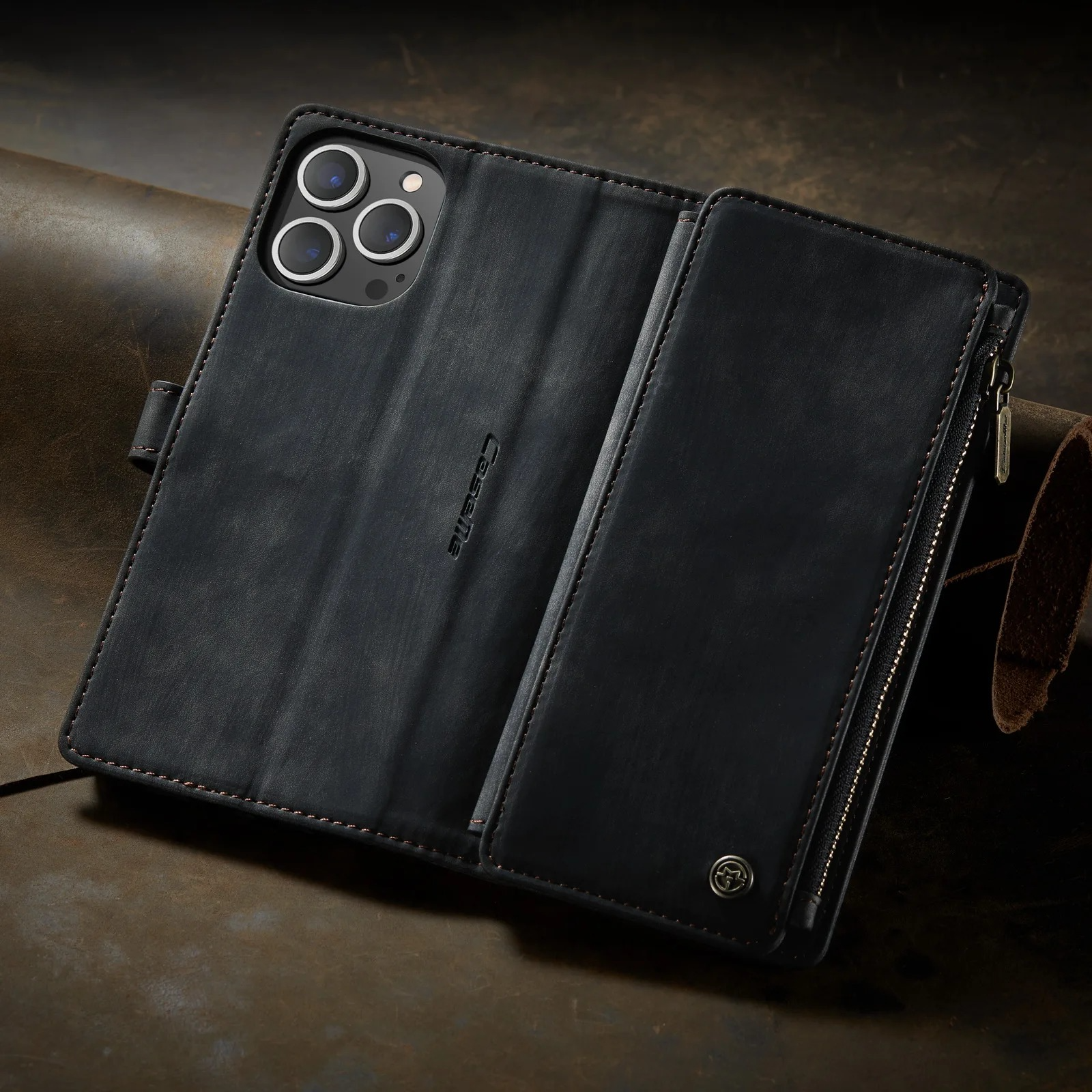 Luxury iPhone Case — Leather Wallet Cover with Magnetic Kickstand, Dual-Layer Shockproof Half-Wrapped Case