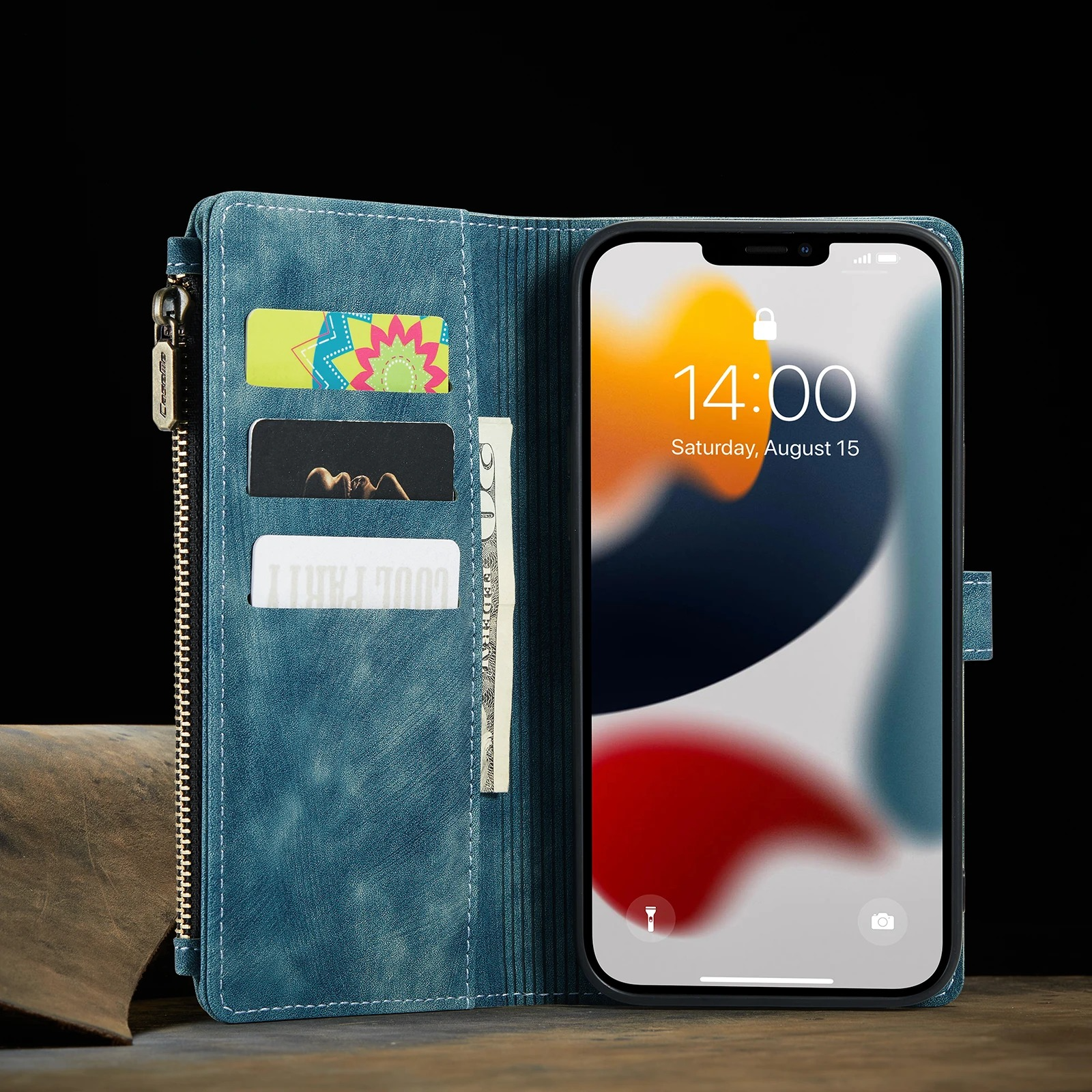 Luxury iPhone Case — Leather Wallet Cover with Magnetic Kickstand, Dual-Layer Shockproof Half-Wrapped Case