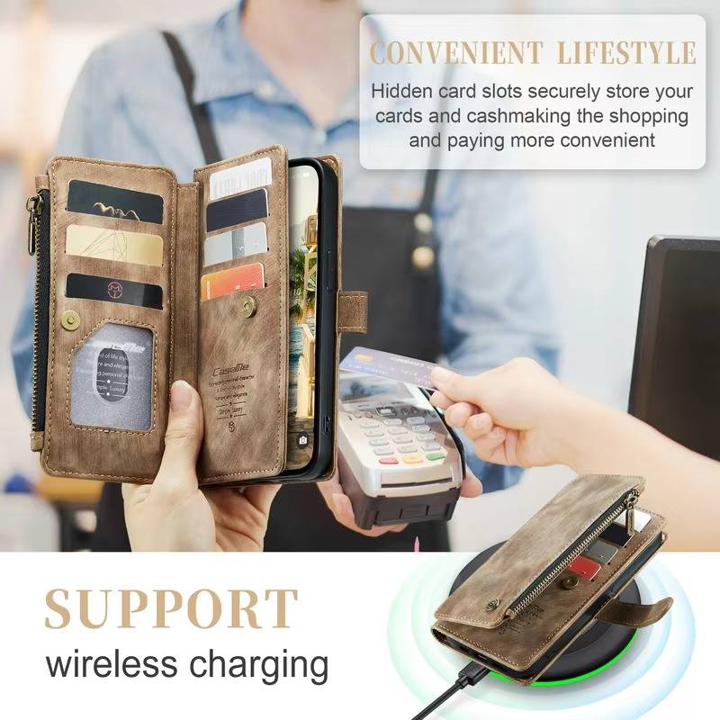 Luxury iPhone Case — Leather Wallet Cover with Magnetic Kickstand, Dual-Layer Shockproof Half-Wrapped Case