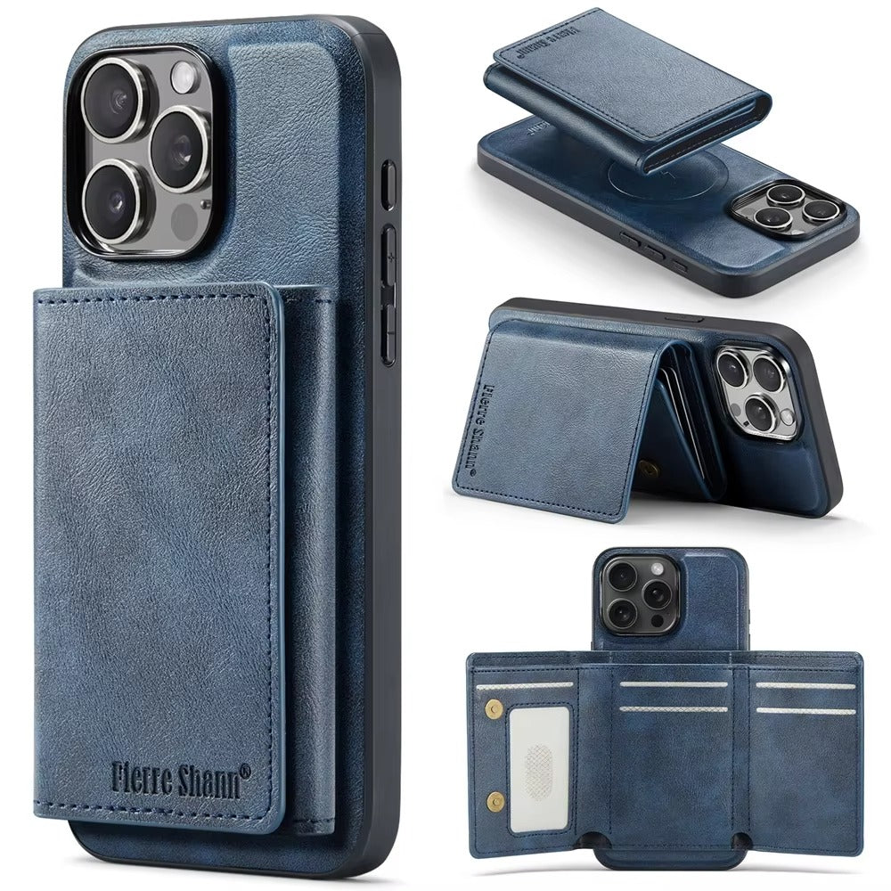 Luxury iPhone Case — MagSafe Detachable Leather Wallet Cover with Magnetic Stand, 5-Card Storage, Retro Design and Wireless-Charging Safe Back Case