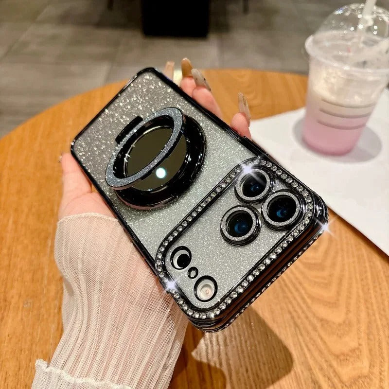 Luxury iPhone Case — MagSafe Glitter Diamond Mirror Cover with Plated Back, Stand Bracket, Makeup Lens Film and Shockproof Anti-Fingerprint Design