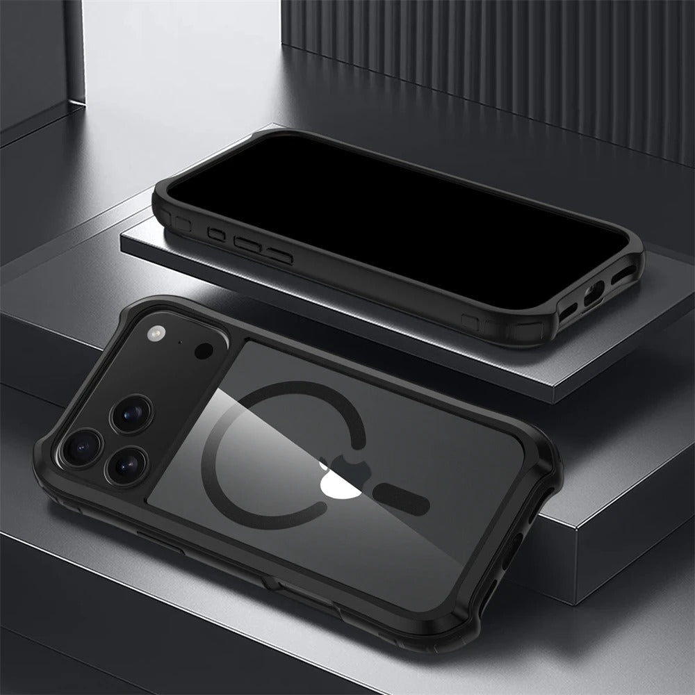 Luxury iPhone Case — Magnetic Aluminum-Frame Transparent Cover with Shockproof Hard PC Back and MagSafe Wireless-Charging Safe Design