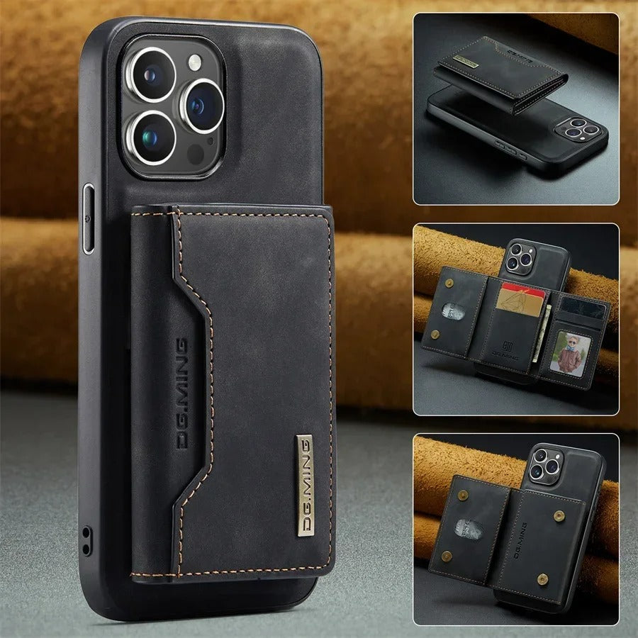 Luxury iPhone Case — Magnetic Leather Wallet Cover with Kickstand, Card & Money Holder, Half-Wrapped Protective Design