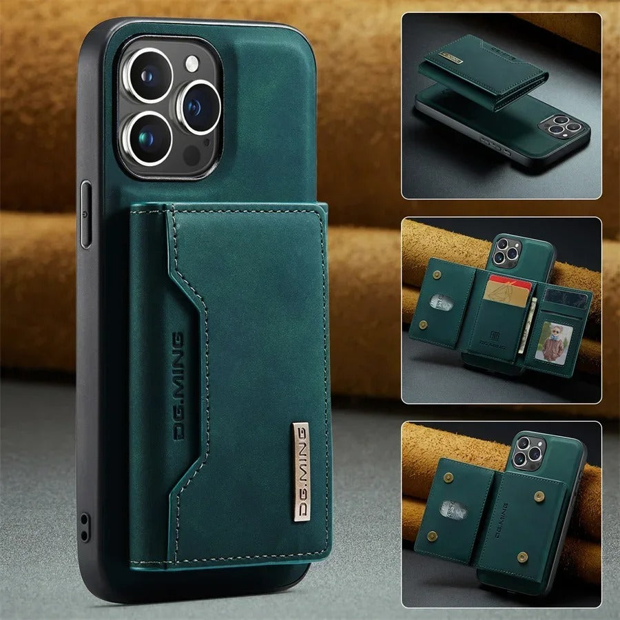 Luxury iPhone Case — Magnetic Leather Wallet Cover with Kickstand, Card & Money Holder, Half-Wrapped Protective Design