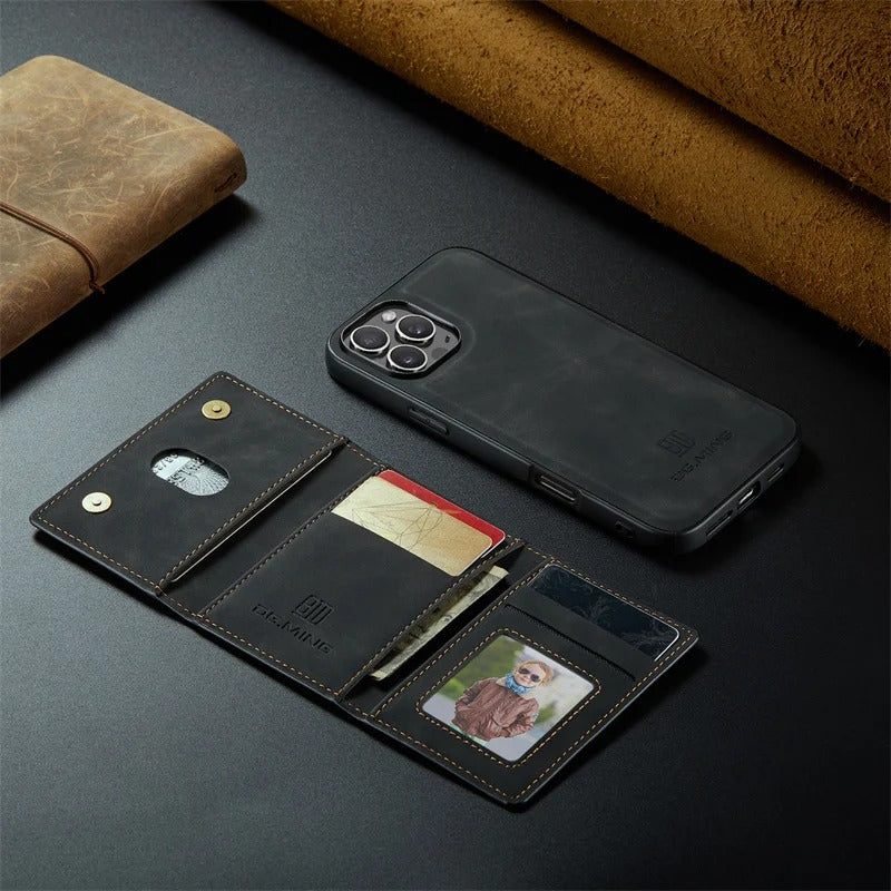 Luxury iPhone Case — Magnetic Leather Wallet Cover with Kickstand, Card & Money Holder, Half-Wrapped Protective Design