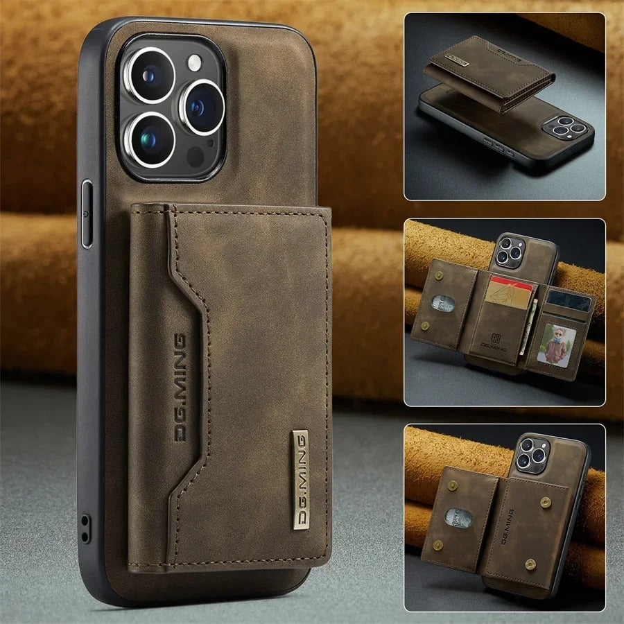 Luxury iPhone Case — Magnetic Leather Wallet Cover with Kickstand, Card & Money Holder, Half-Wrapped Protective Design