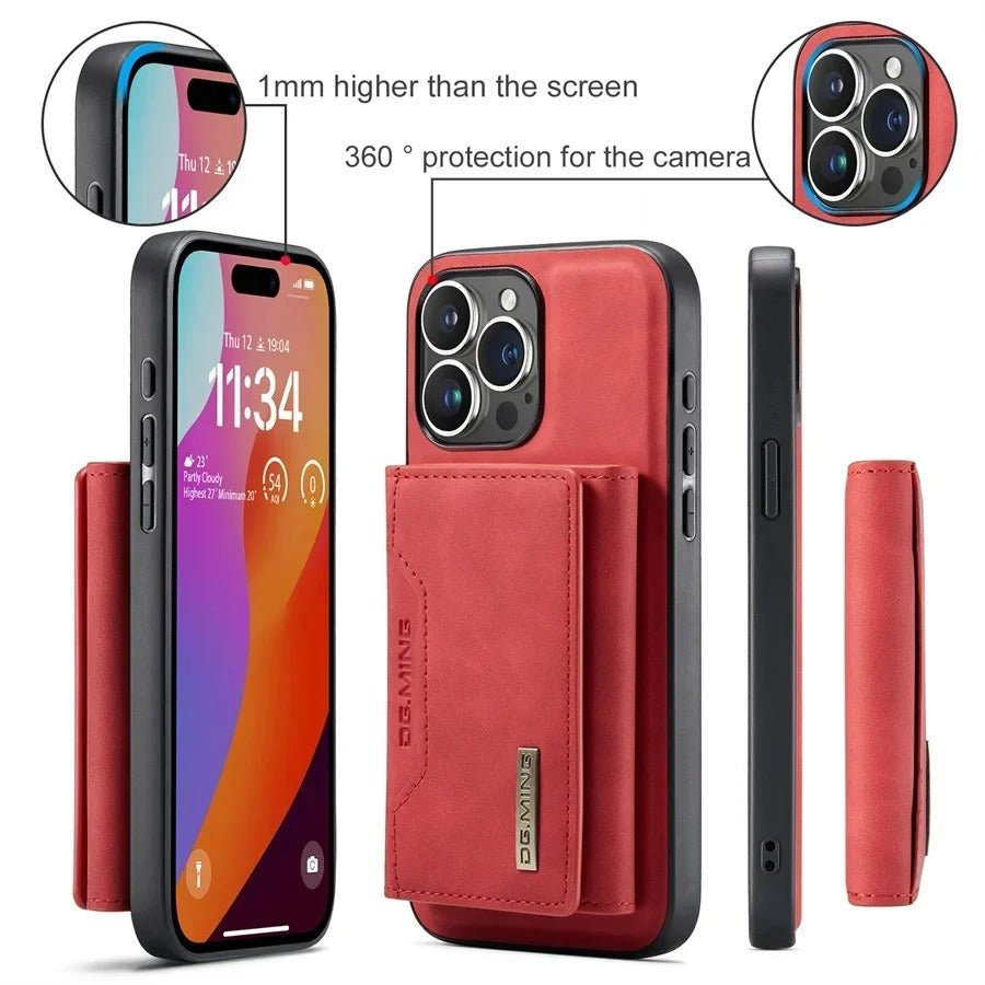 Luxury iPhone Case — Magnetic Leather Wallet Cover with Kickstand, Card & Money Holder, Half-Wrapped Protective Design