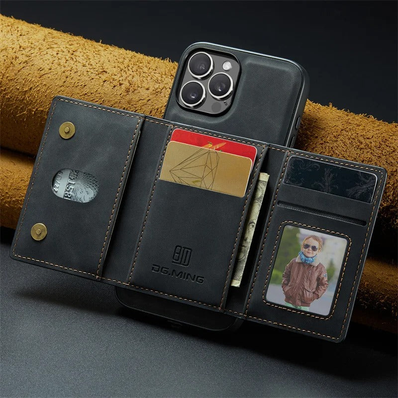 Luxury iPhone Case — Magnetic Leather Wallet Cover with Kickstand, Card & Money Holder, Half-Wrapped Protective Design