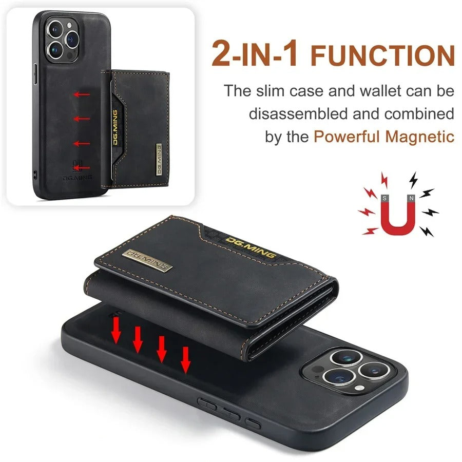 Luxury iPhone Case — Magnetic Leather Wallet Cover with Kickstand, Card & Money Holder, Half-Wrapped Protective Design
