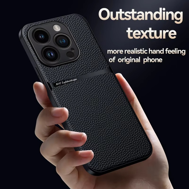 Luxury iPhone Case — Magnetic Soft Leather Back Cover with Car-Mount Holder Support, Shockproof Anti-Fingerprint Design & Slim Half-Wrapped Style