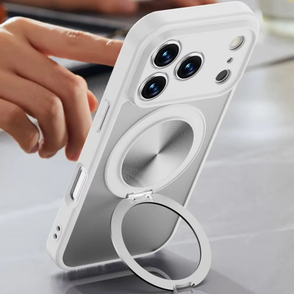 Luxury iPhone Case — Matte Clear MagSafe Magnetic Cover with 360° Rotating Bracket, Shockproof Protective Design