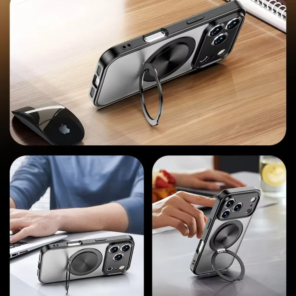 Luxury iPhone Case — Matte Clear MagSafe Magnetic Cover with 360° Rotating Bracket, Shockproof Protective Design