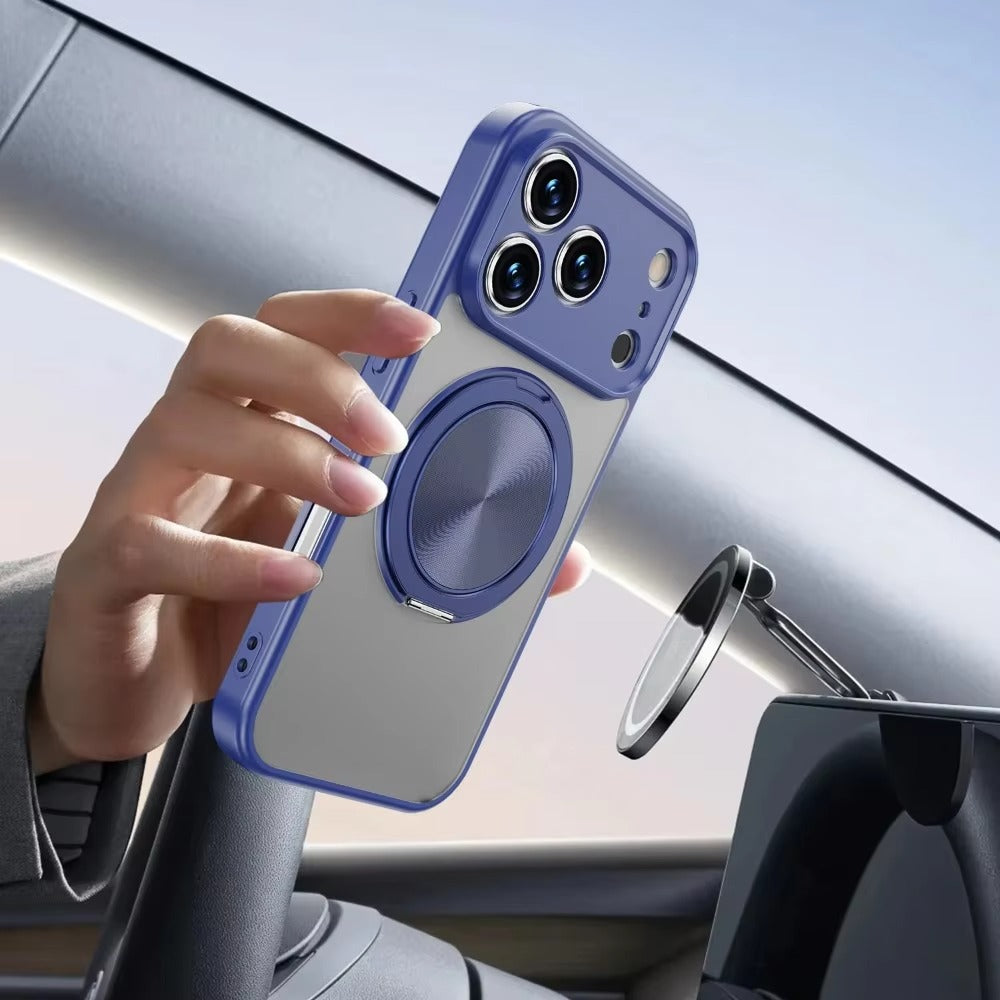 Luxury iPhone Case — Matte Clear MagSafe Magnetic Cover with 360° Rotating Bracket, Shockproof Protective Design