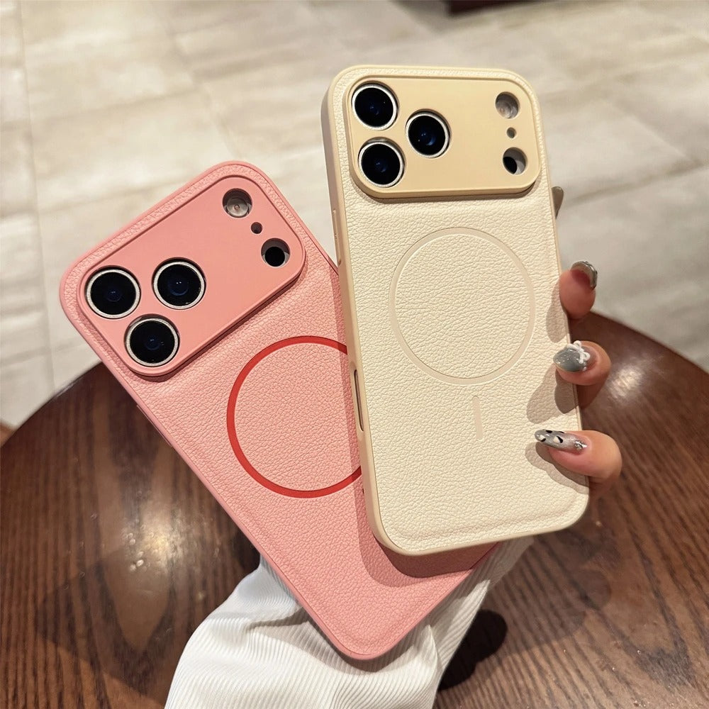 Luxury iPhone Case — Matte Solid-Color Leather Magnetic Cover with All-Inclusive Lens Protection and Full Shockproof Design