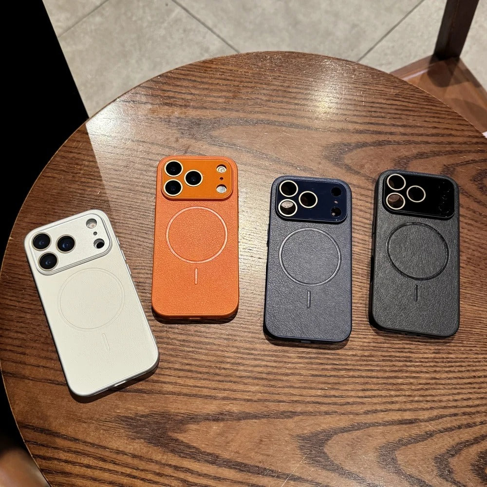 Luxury iPhone Case — Matte Solid-Color Leather Magnetic Cover with All-Inclusive Lens Protection and Full Shockproof Design