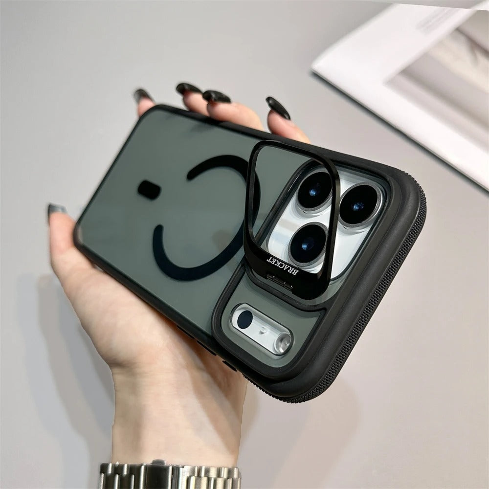 Luxury iPhone Case — Matte Transparent MagSafe Magnetic Cover with Metal Kickstand, Shockproof Armor Protection & Wireless Charging Support