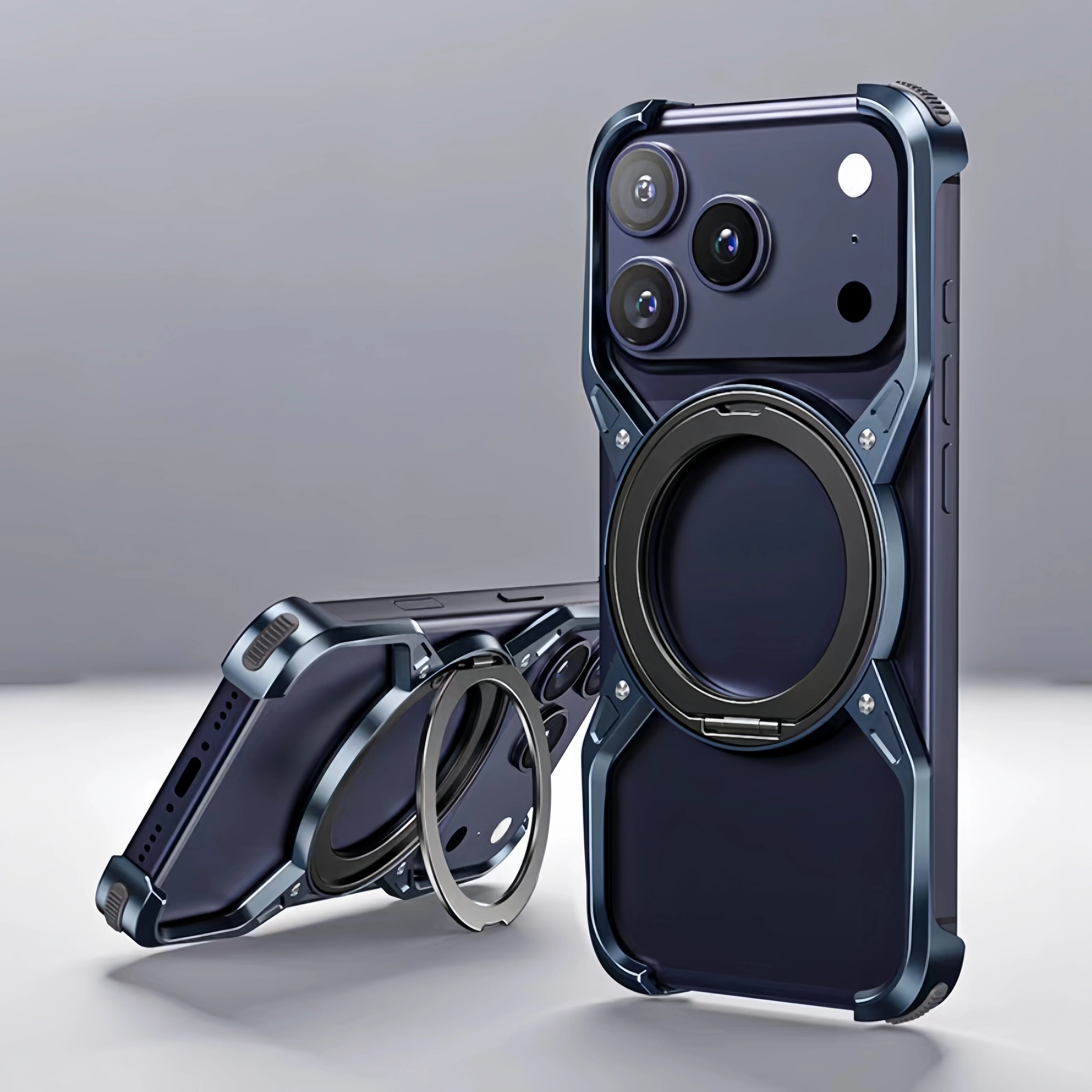 Luxury iPhone Case — Metal Alloy Punk Frame Bumper with 360° Rotating MagSafe Stand Ring, Shockproof Anti-Scratch Non-Slip Design