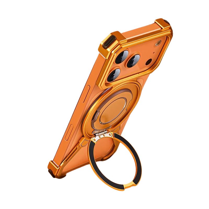 Luxury iPhone Case — Metal Frameless Shockproof Bumper Cover with 360° Rotating Ring Stand and Full Protective Design