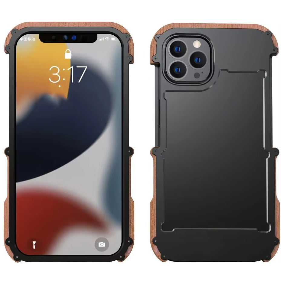Luxury iPhone Case — Metal + Real Wood Bumper Cover with Shockproof Drop-Proof Aluminum Frame, Lightweight Non-Slip Design and Premium Craft Finish
