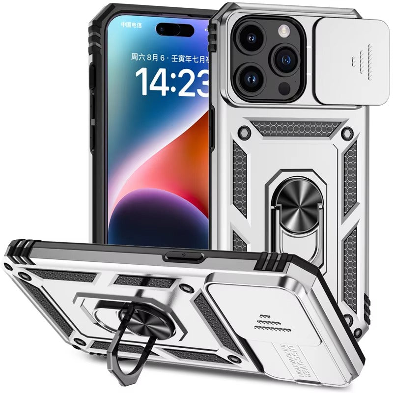 Luxury iPhone Case — Military-Grade Armor Cover with Rotating Ring Stand, Slide Camera Lens Protection & Shockproof Design