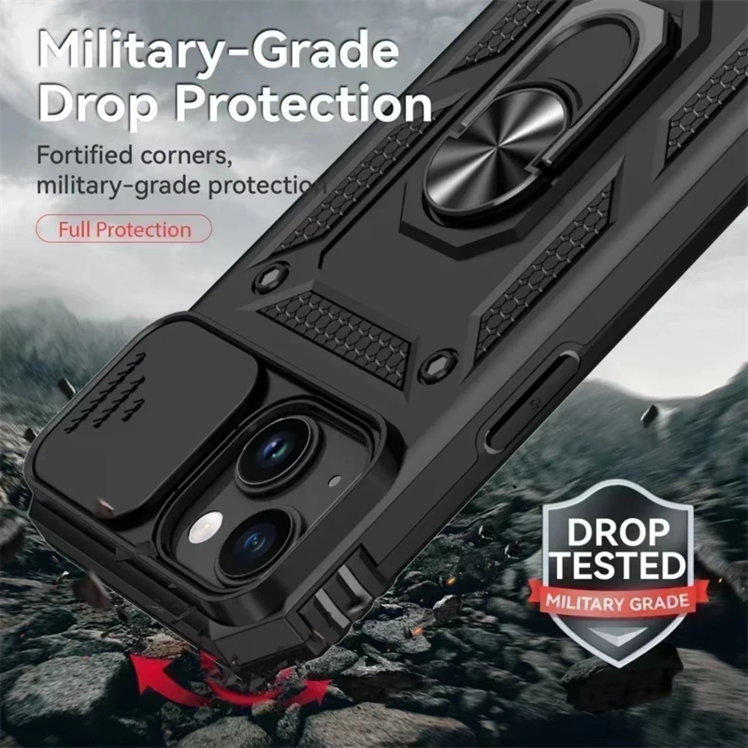 Luxury iPhone Case — Military-Grade Armor Cover with Rotating Ring Stand, Slide Camera Lens Protection & Shockproof Design