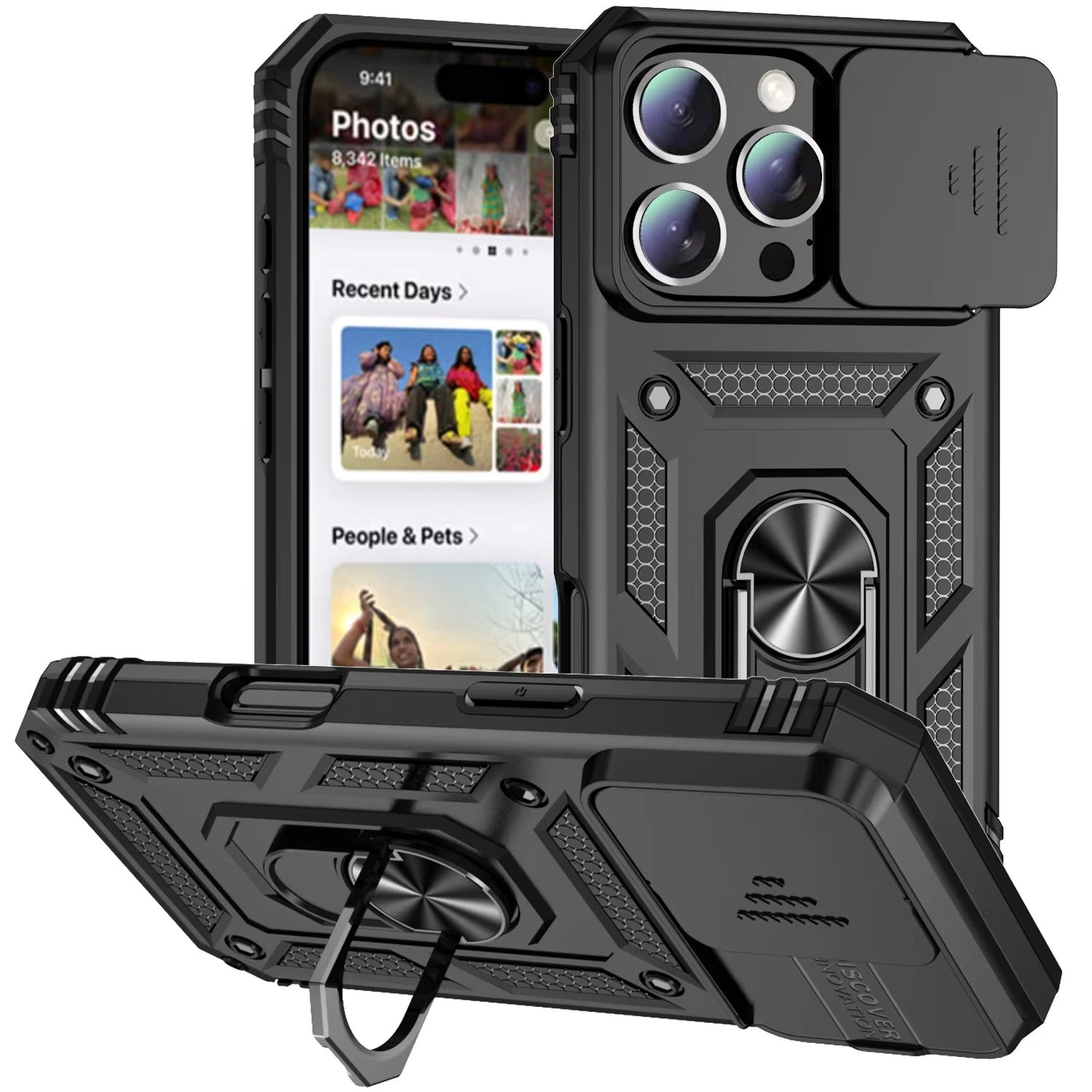 Luxury iPhone Case — Military-Grade Armor Cover with Rotating Ring Stand, Slide Camera Lens Protection & Shockproof Design