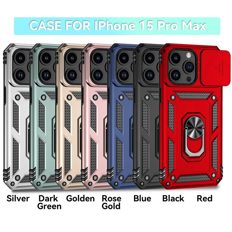 Luxury iPhone Case — Military-Grade Armor Cover with Rotating Ring Stand, Slide Camera Lens Protection & Shockproof Design