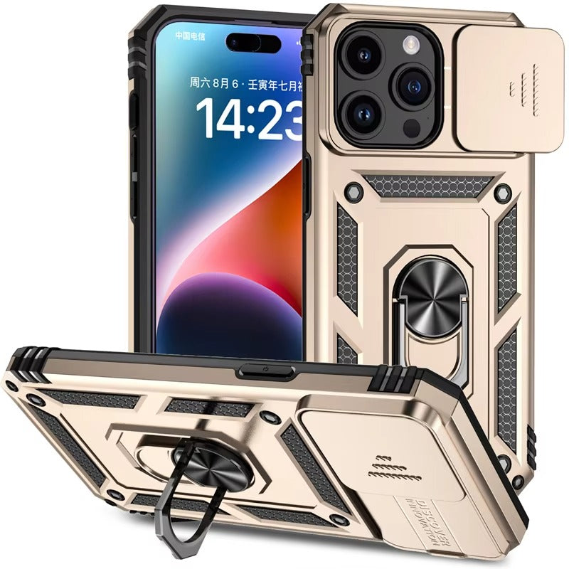 Luxury iPhone Case — Military-Grade Armor Cover with Rotating Ring Stand, Slide Camera Lens Protection & Shockproof Design