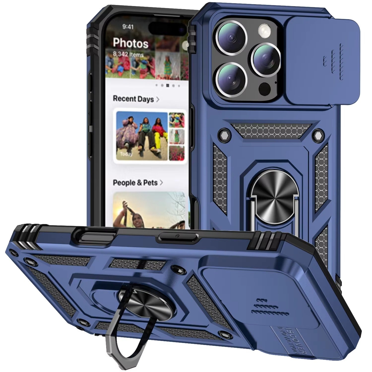 Luxury iPhone Case — Military-Grade Armor Cover with Rotating Ring Stand, Slide Camera Lens Protection & Shockproof Design
