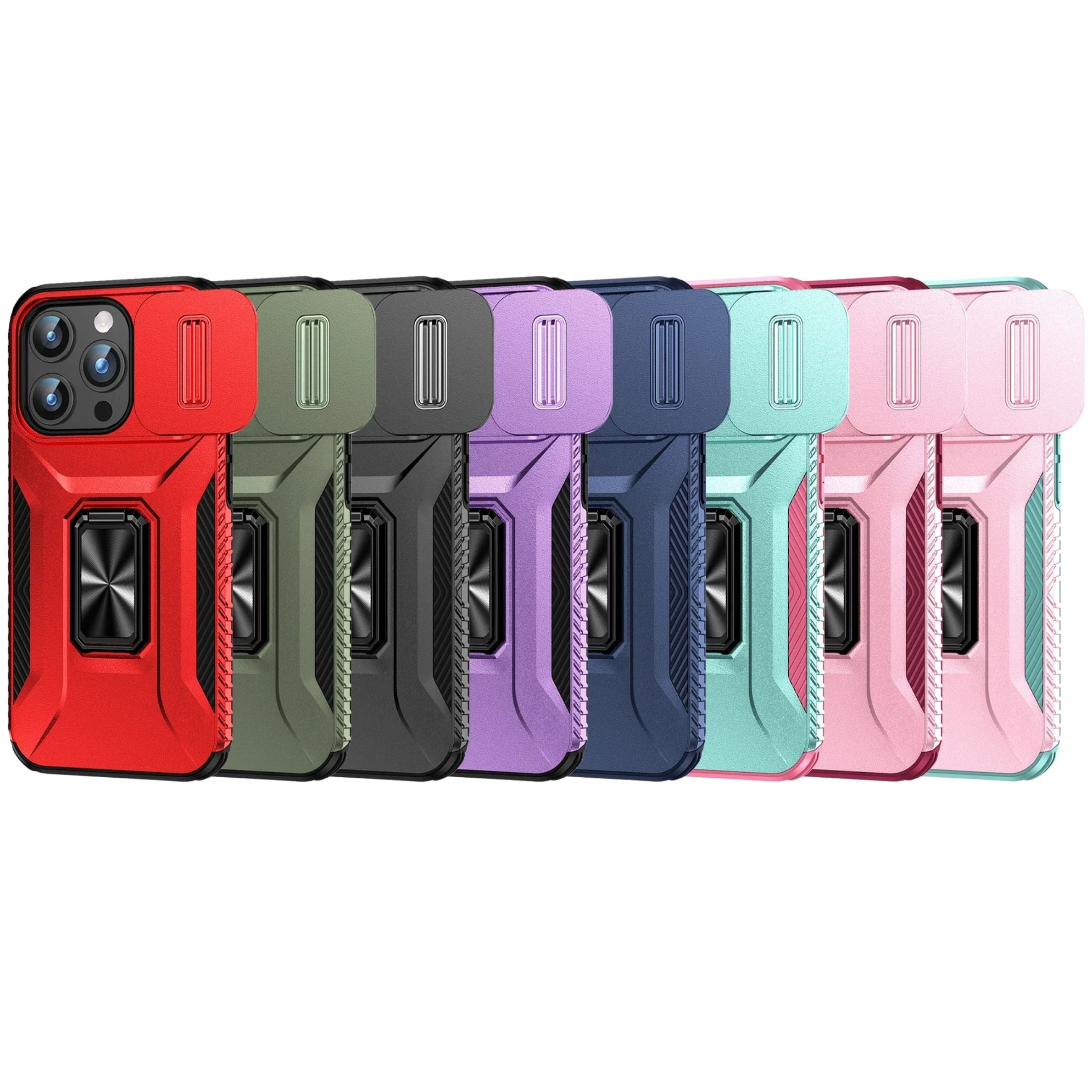 Luxury iPhone Case — Military-Grade Shockproof Anti-Slip Cover with Slide Camera Lens Protection & Rotary Stand