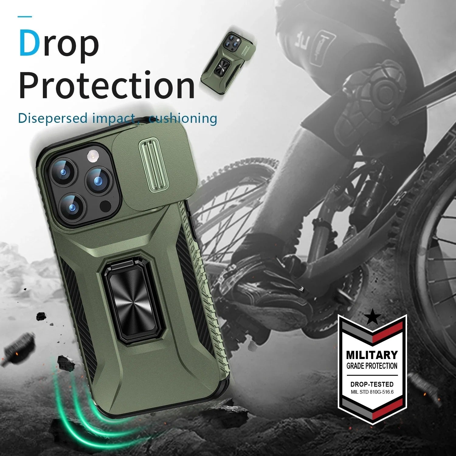Luxury iPhone Case — Military-Grade Shockproof Anti-Slip Cover with Slide Camera Lens Protection & Rotary Stand