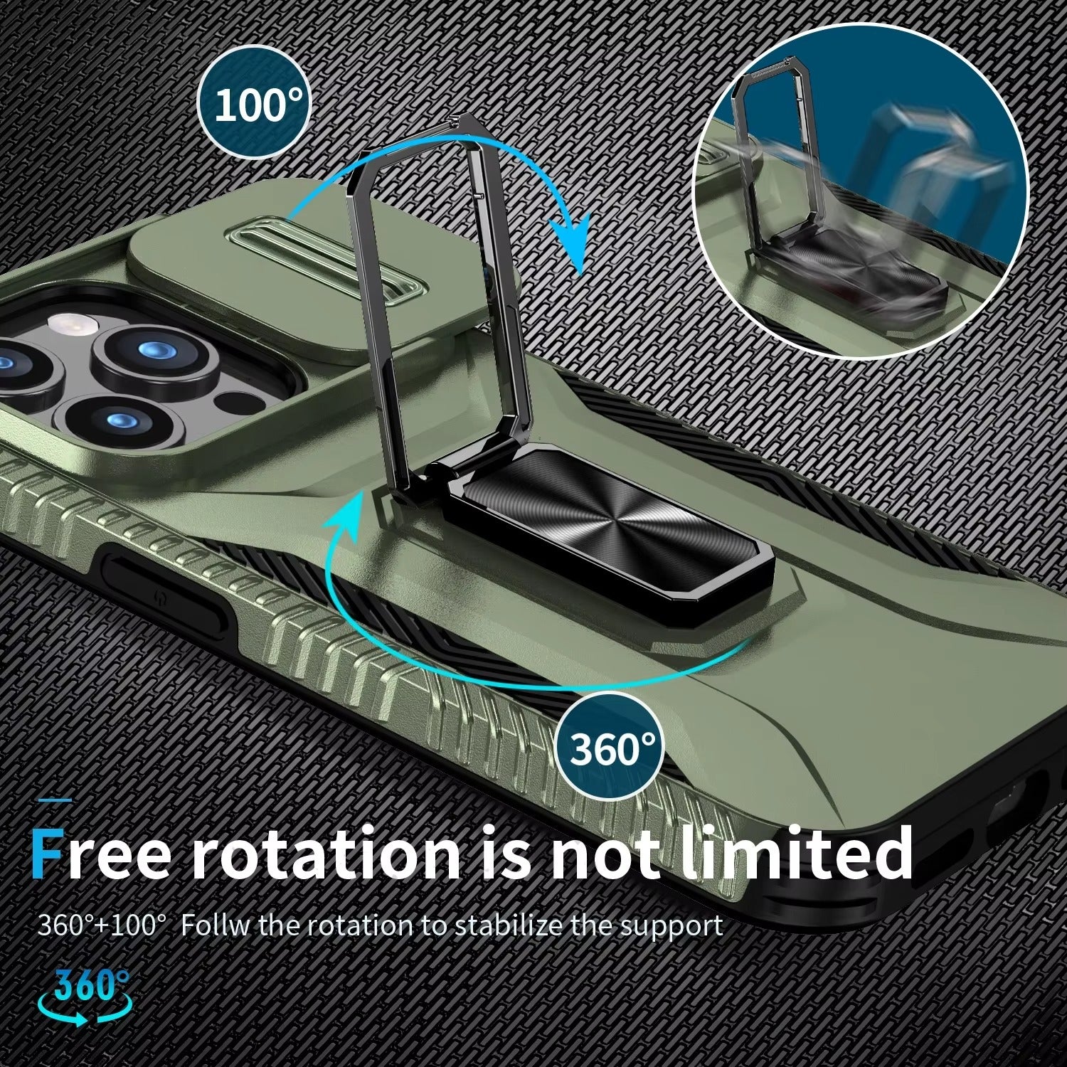 Luxury iPhone Case — Military-Grade Shockproof Anti-Slip Cover with Slide Camera Lens Protection & Rotary Stand