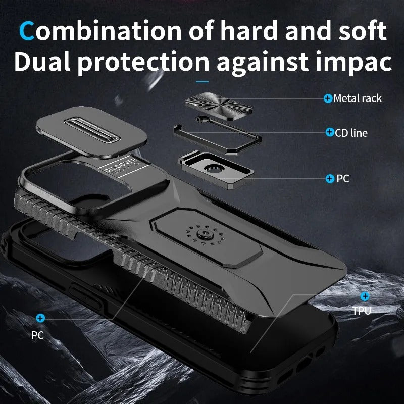 Luxury iPhone Case — Military-Grade Shockproof Anti-Slip Cover with Slide Camera Lens Protection & Rotary Stand