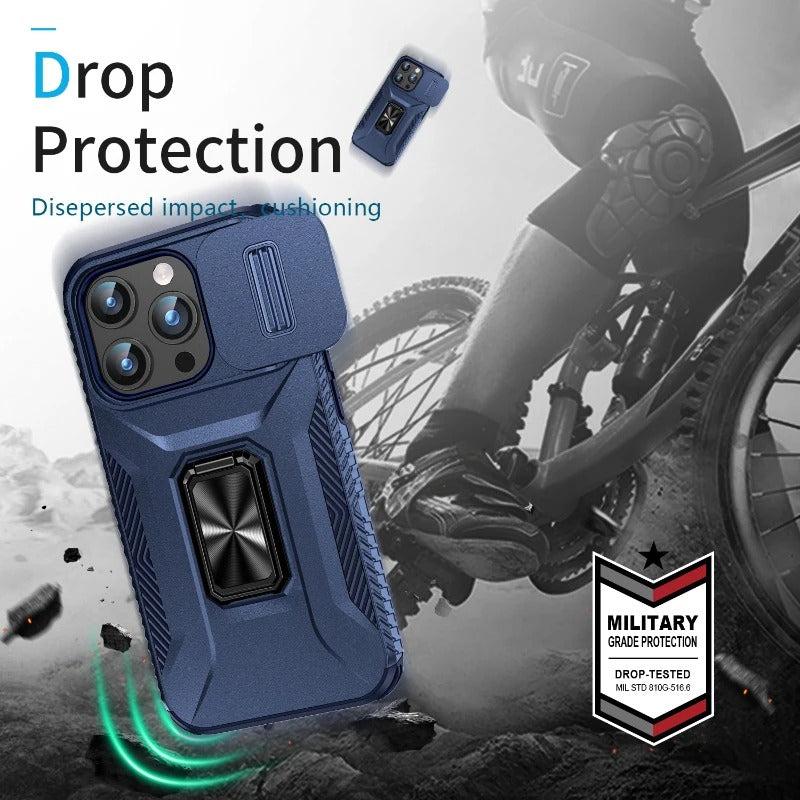 Luxury iPhone Case — Military-Grade Shockproof Anti-Slip Cover with Slide Camera Lens Protection & Rotary Stand