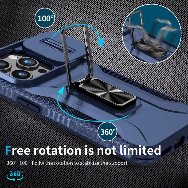 Luxury iPhone Case — Military-Grade Shockproof Anti-Slip Cover with Slide Camera Lens Protection & Rotary Stand