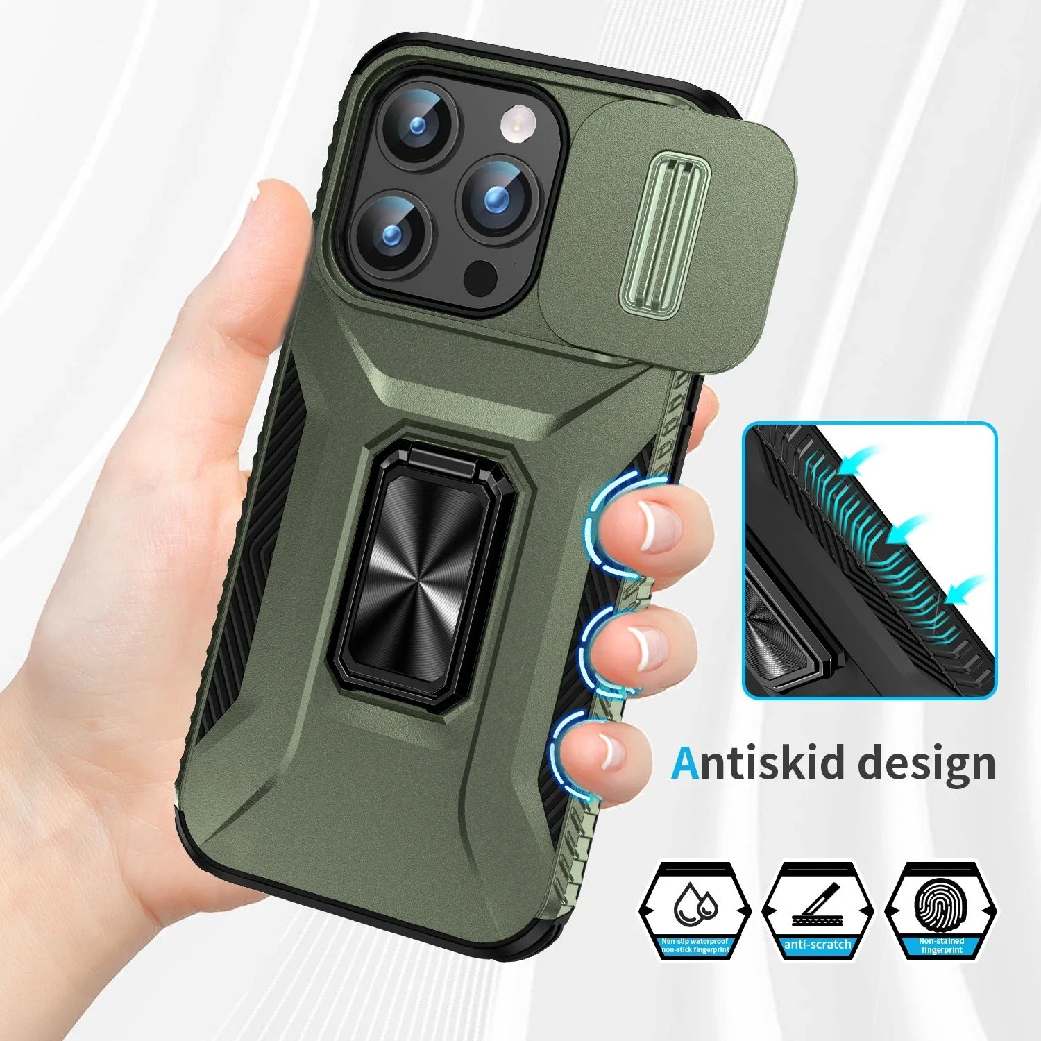 Luxury iPhone Case — Military-Grade Shockproof Anti-Slip Cover with Slide Camera Lens Protection & Rotary Stand