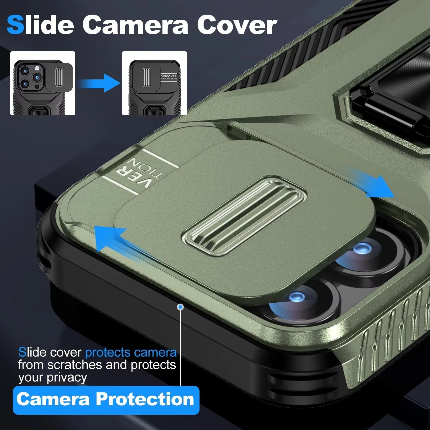 Luxury iPhone Case — Military-Grade Shockproof Anti-Slip Cover with Slide Camera Lens Protection & Rotary Stand