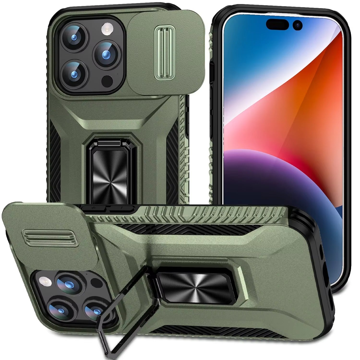 Luxury iPhone Case — Military-Grade Shockproof Anti-Slip Cover with Slide Camera Lens Protection & Rotary Stand