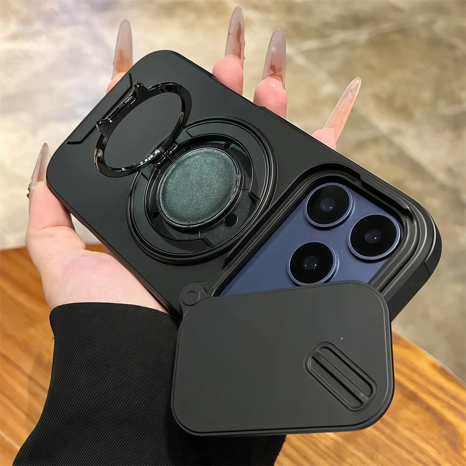 Luxury iPhone Case — Military Armor Magnetic Ring Cover with 360° Rotating Folding Stand, Full Lens Protection & Dual-Layer Shockproof Design