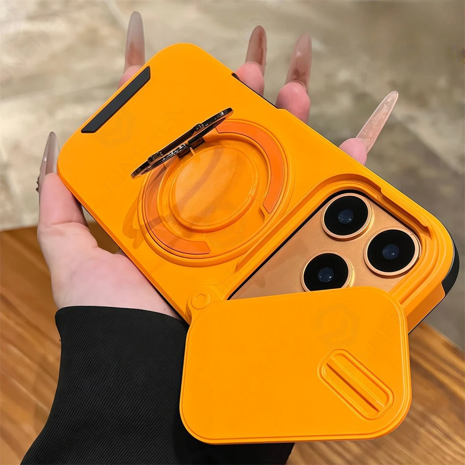 Luxury iPhone Case — Military Armor Magnetic Ring Cover with 360° Rotating Folding Stand, Full Lens Protection & Dual-Layer Shockproof Design