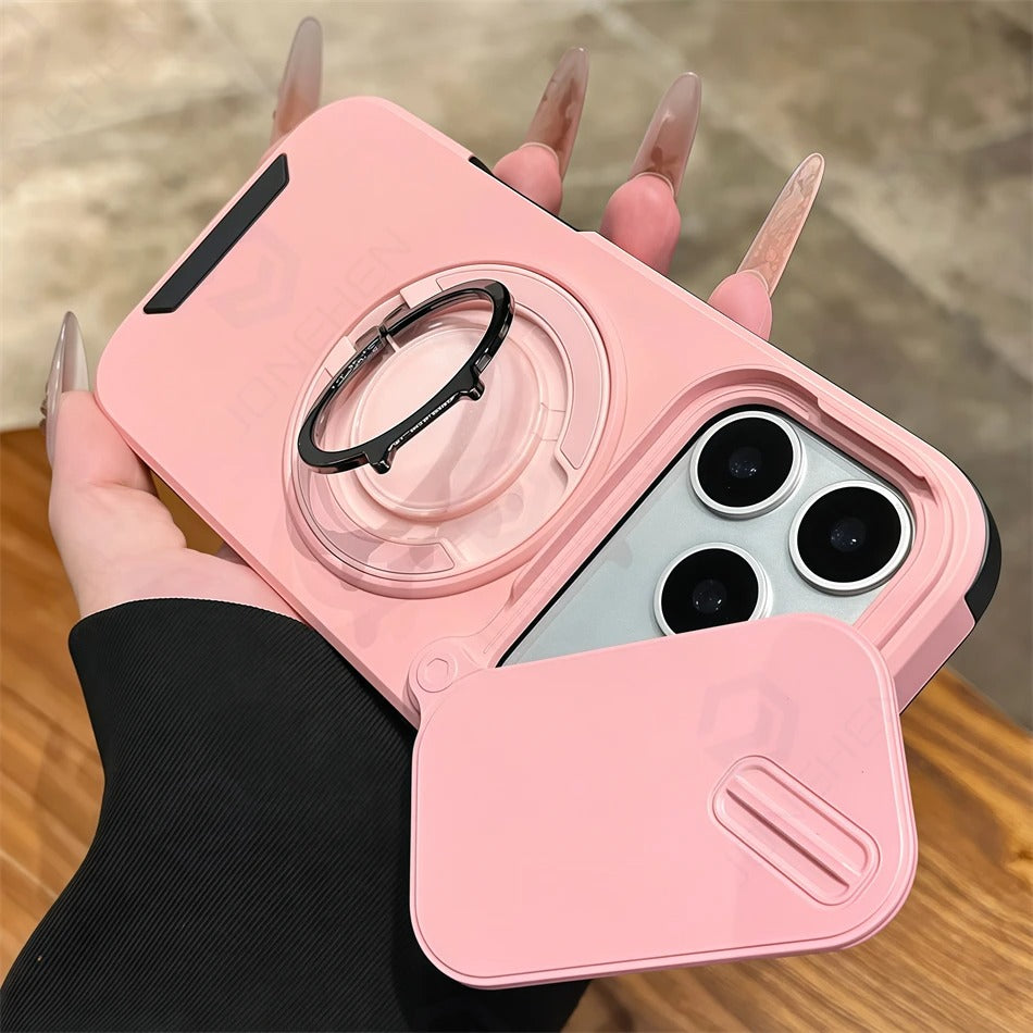 Luxury iPhone Case — Military Armor Magnetic Ring Cover with 360° Rotating Folding Stand, Full Lens Protection & Dual-Layer Shockproof Design